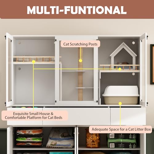 White Cat Litter Box Enclosure with Scratch Post, Stairs, Storage Drawers, Shelves, Sisal Doors E771