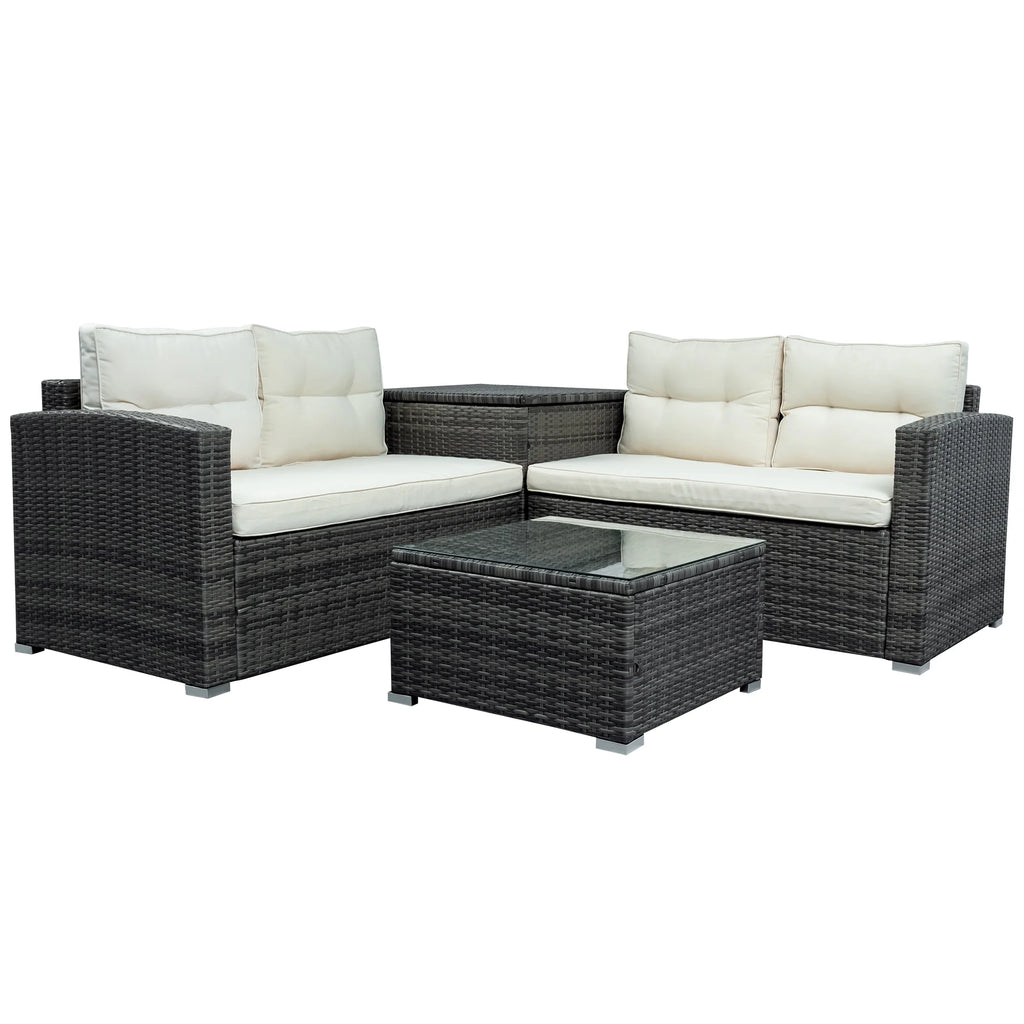 4 Piece Outdoor Rattan Sectional Sofa Set with Padded Cushions and Glass Dining Table C4322
