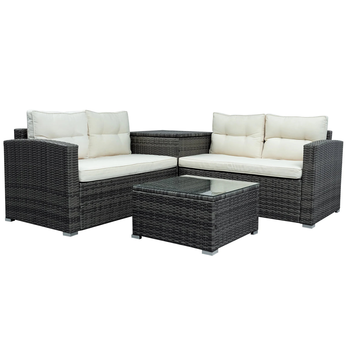 4 Piece Outdoor Rattan Sectional Sofa Set with Padded Cushions and Glass Dining Table C4322