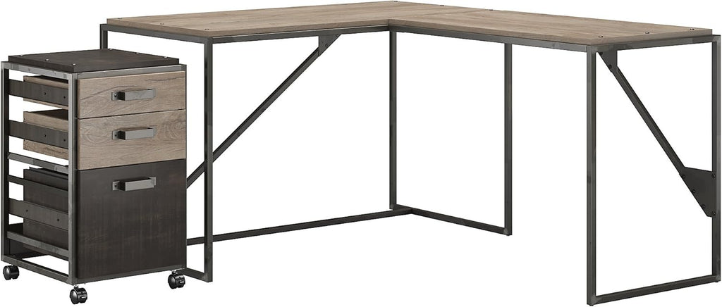 Rustic Gray L Shaped Industrial Desk with Return and Mobile File Cabinet U56399