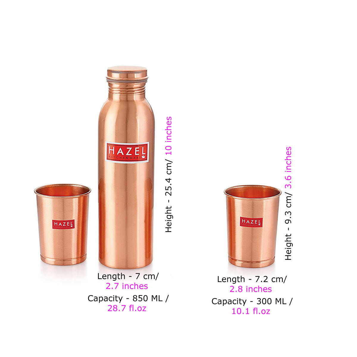 Copper Water Bottle, 28oz & 2 Glasses, 10oz T88262