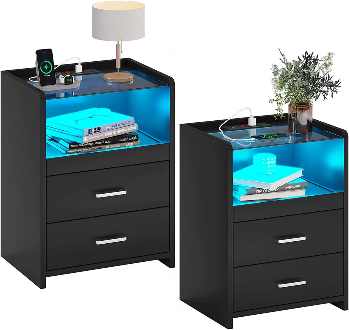 Black Set of 2 LED Nightstand with Charging Station J551935