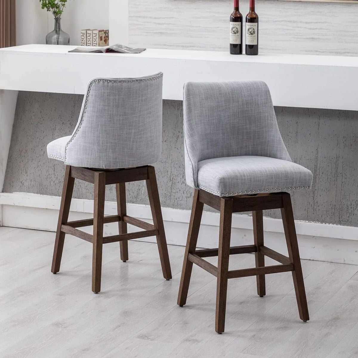 27 inch Swivel Linen Fabric Barstools with Wood Legs E31561