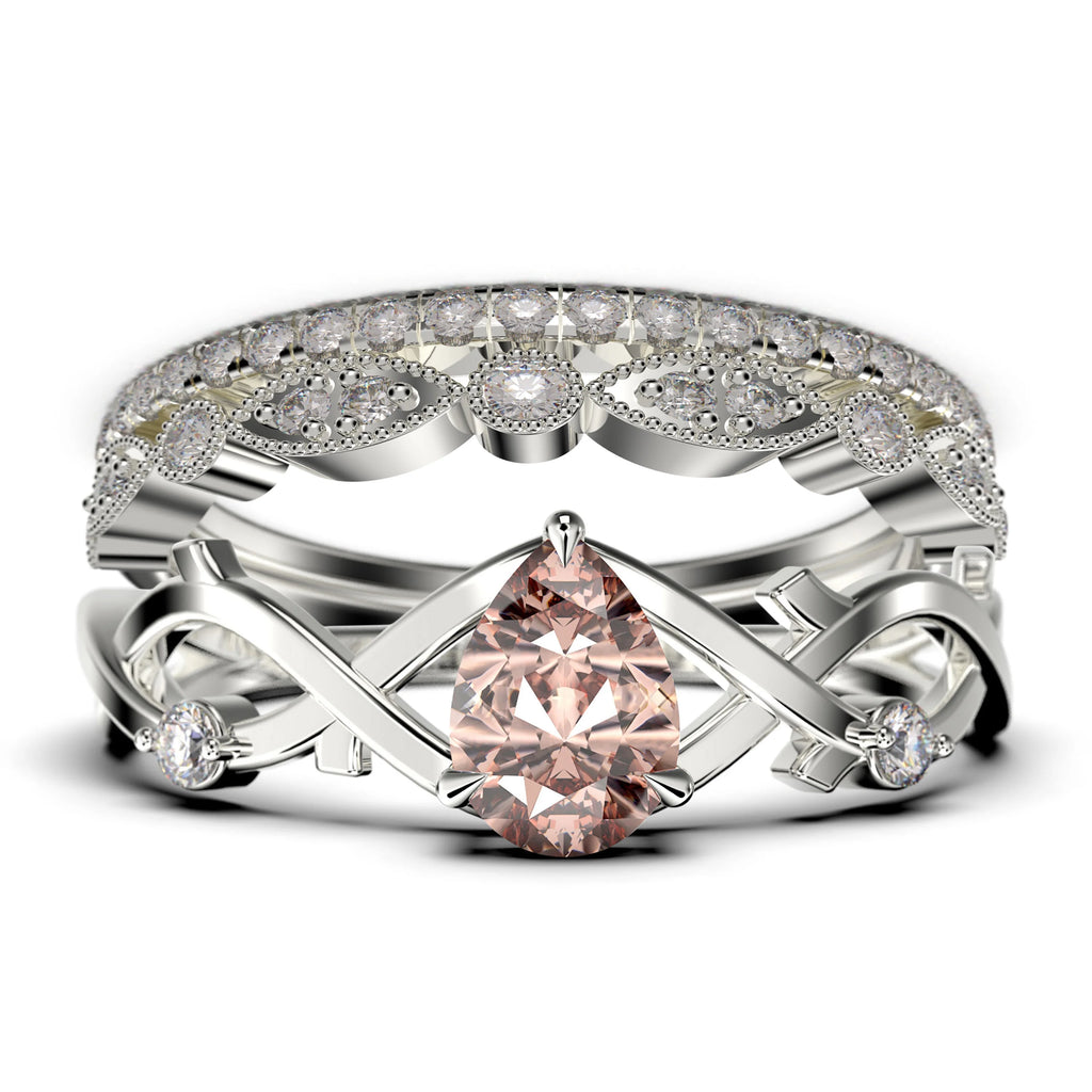 2.10 Carat Pear Cut Morganite And Diamond Moissanite Engagement Ring in 925 Sterling Silver With 18k White Gold Plating, Trio Ring Set M855