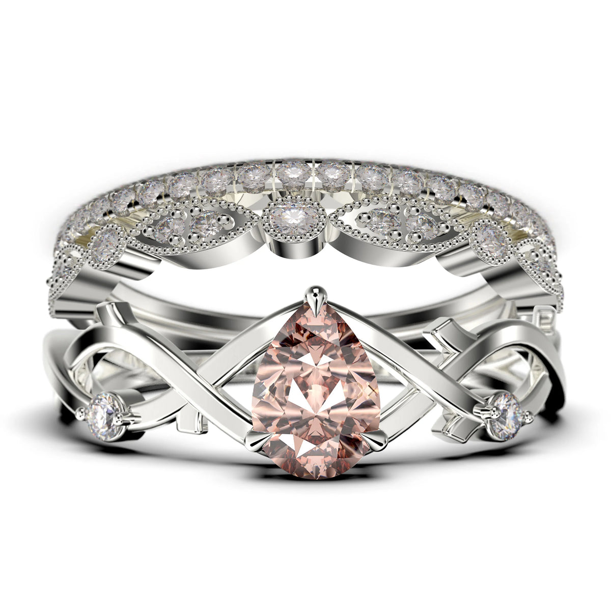 2.10 Carat Pear Cut Morganite And Diamond Moissanite Engagement Ring in 925 Sterling Silver With 18k White Gold Plating, Trio Ring Set M855