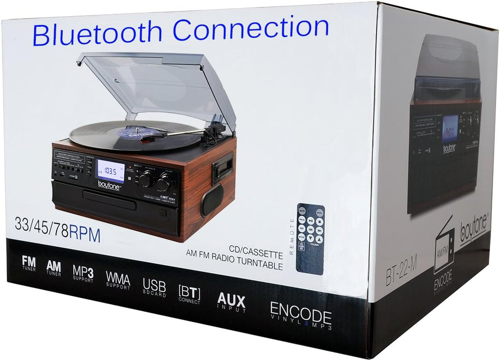 Bluetooth Record Player Turntable with AM/FM Radio, Cassette, CD Player, 2 Built in Speaker, SD Slot, USB, AUX A5560