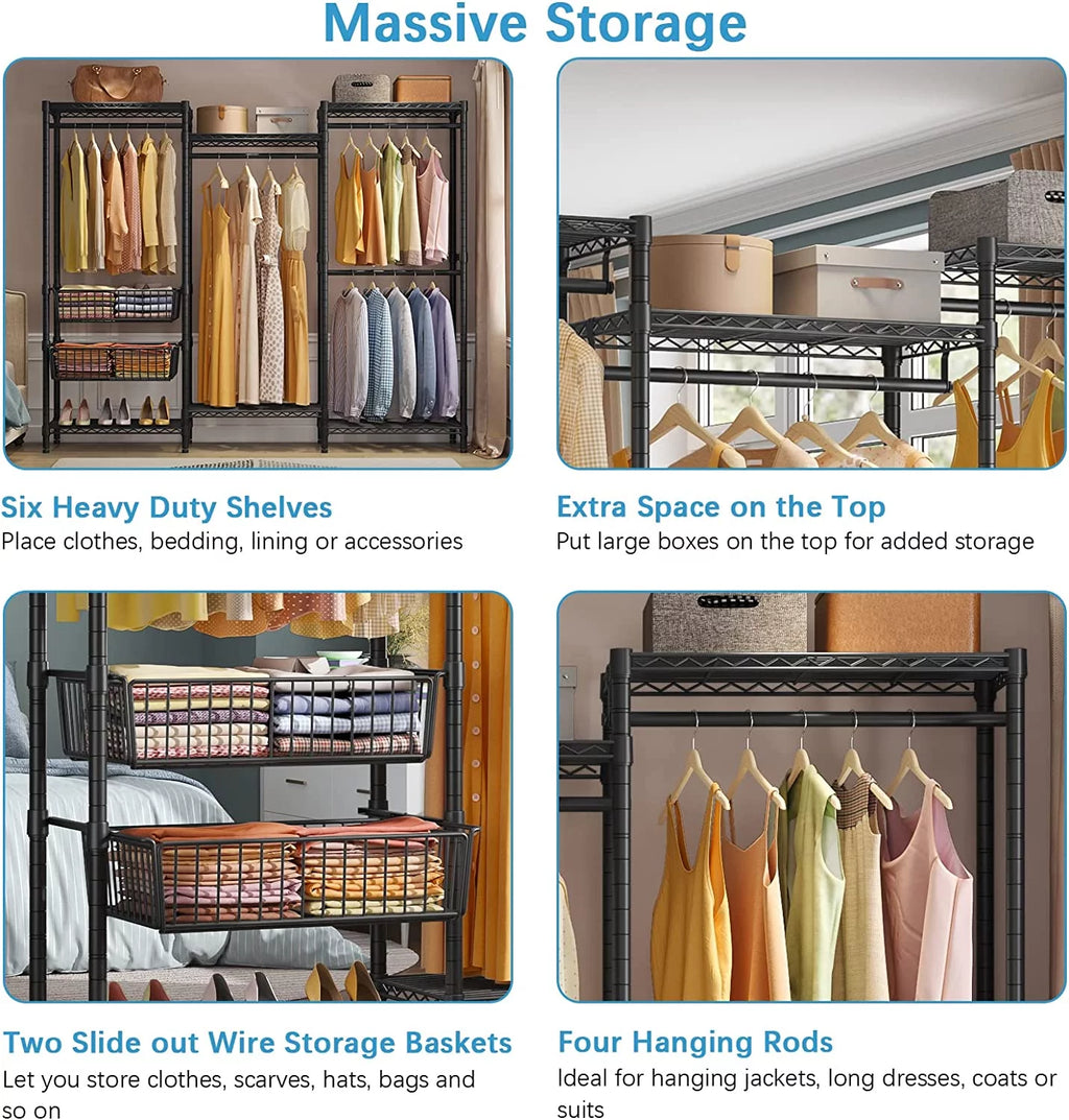 Black Covered Clothes Rack Portable Wardrobe with Grey Oxford Fabric Cover Q77277