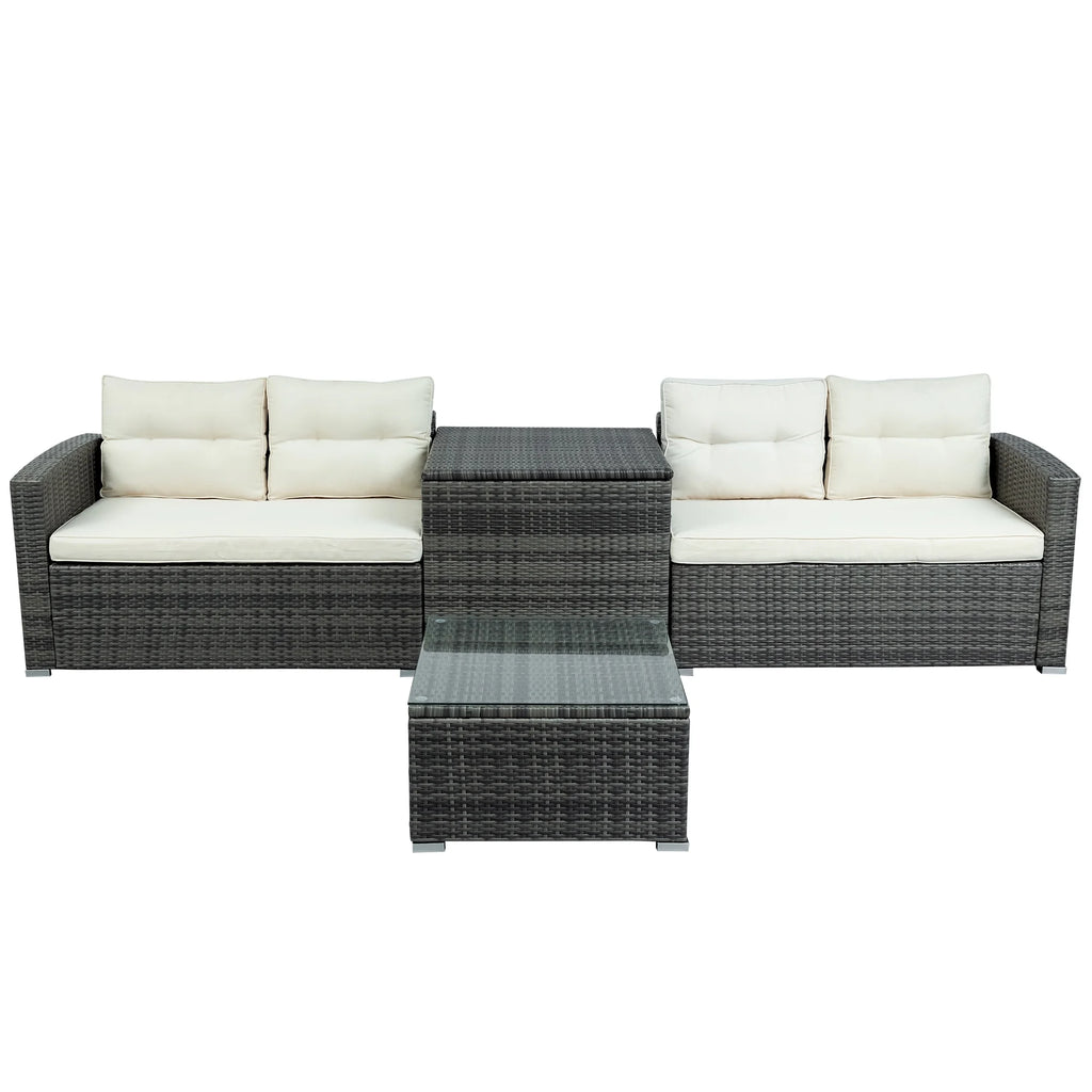 4 Piece Outdoor Rattan Sectional Sofa Set with Padded Cushions and Glass Dining Table C4322