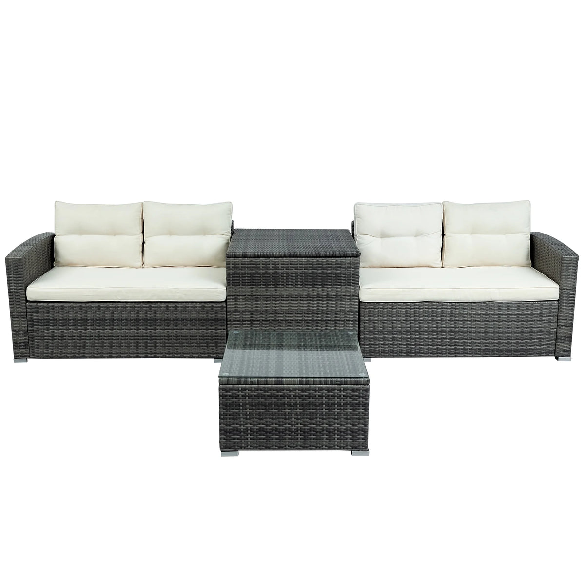 4 Piece Outdoor Rattan Sectional Sofa Set with Padded Cushions and Glass Dining Table C4322