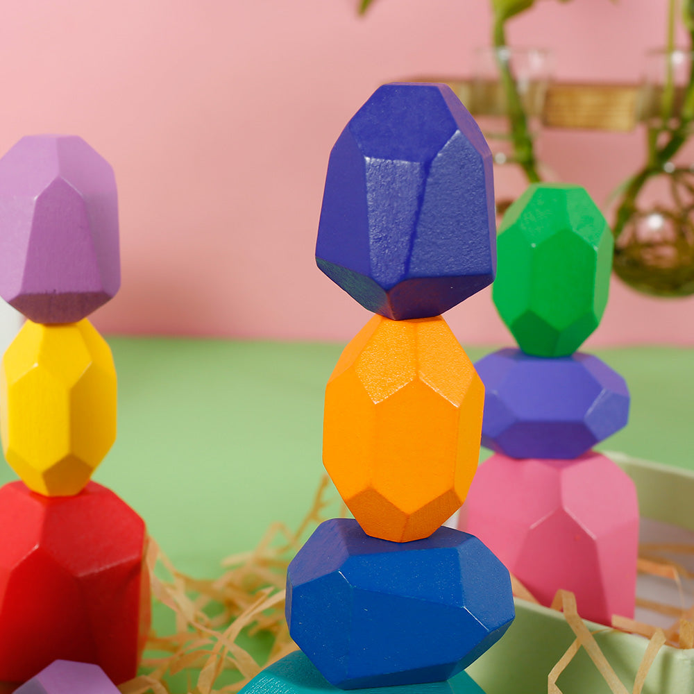Kids Wooden Colored Balancing Stone Stacking Building Block Toy J4329