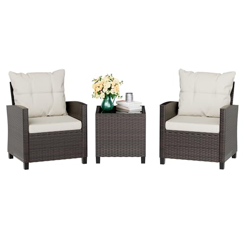3 Piece Wicker Rattan Patio Furniture Set with Glass Table I2232