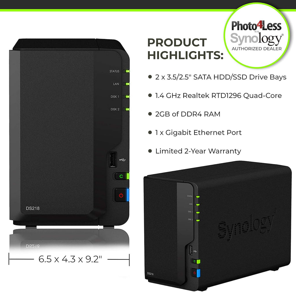 2 Bay NAS DiskStation DS218 Diskless + 2 WD Red Pro 4TB Hard Drives 7200 Class R571