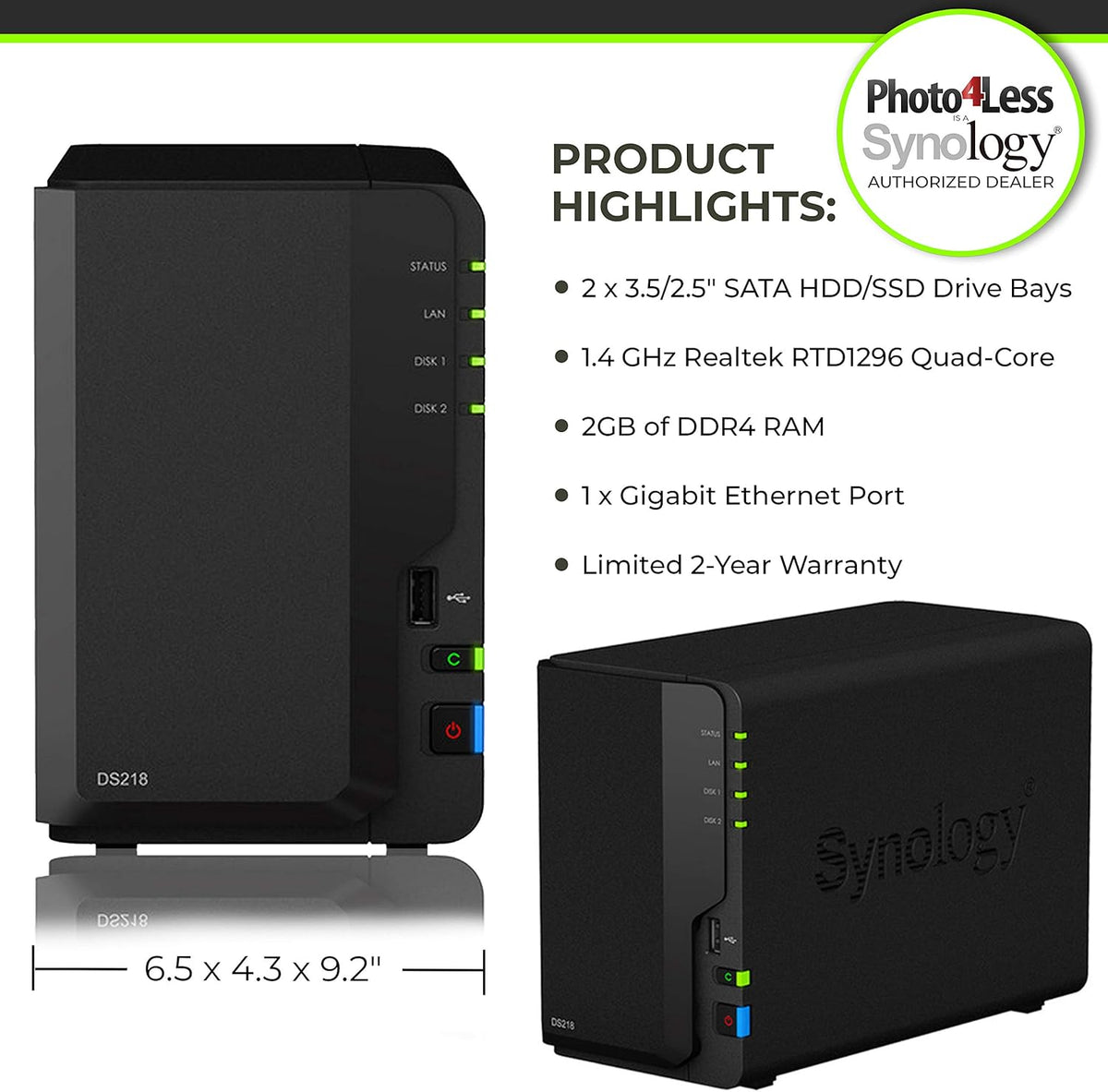 2 Bay NAS DiskStation DS218 Diskless + 2 WD Red Pro 4TB Hard Drives 7200 Class R571
