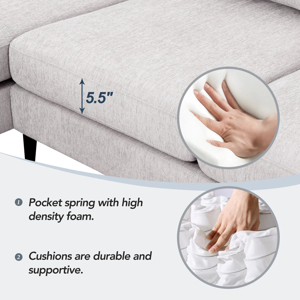 L-Shaped Sectional Sofa with Reversible Chaise, 3 Seater Chenille Fabric Modular Couch with Pillows Metal Legs X303613