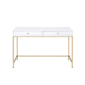 White and Gold Two Drawers Wooden Desk with Tubular Metal Base J69432