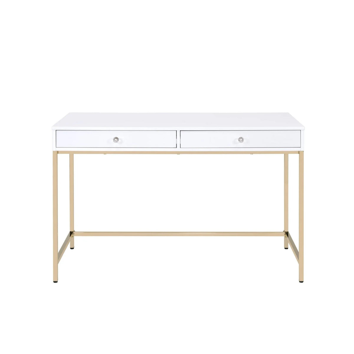 White and Gold Two Drawers Wooden Desk with Tubular Metal Base J69432