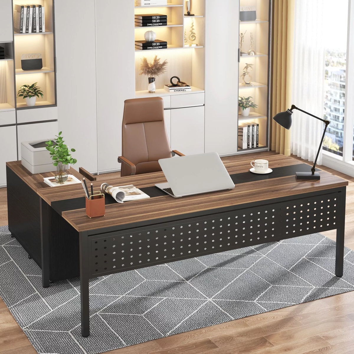 70.8" L Shaped Computer Desk with File Cabinet I4558