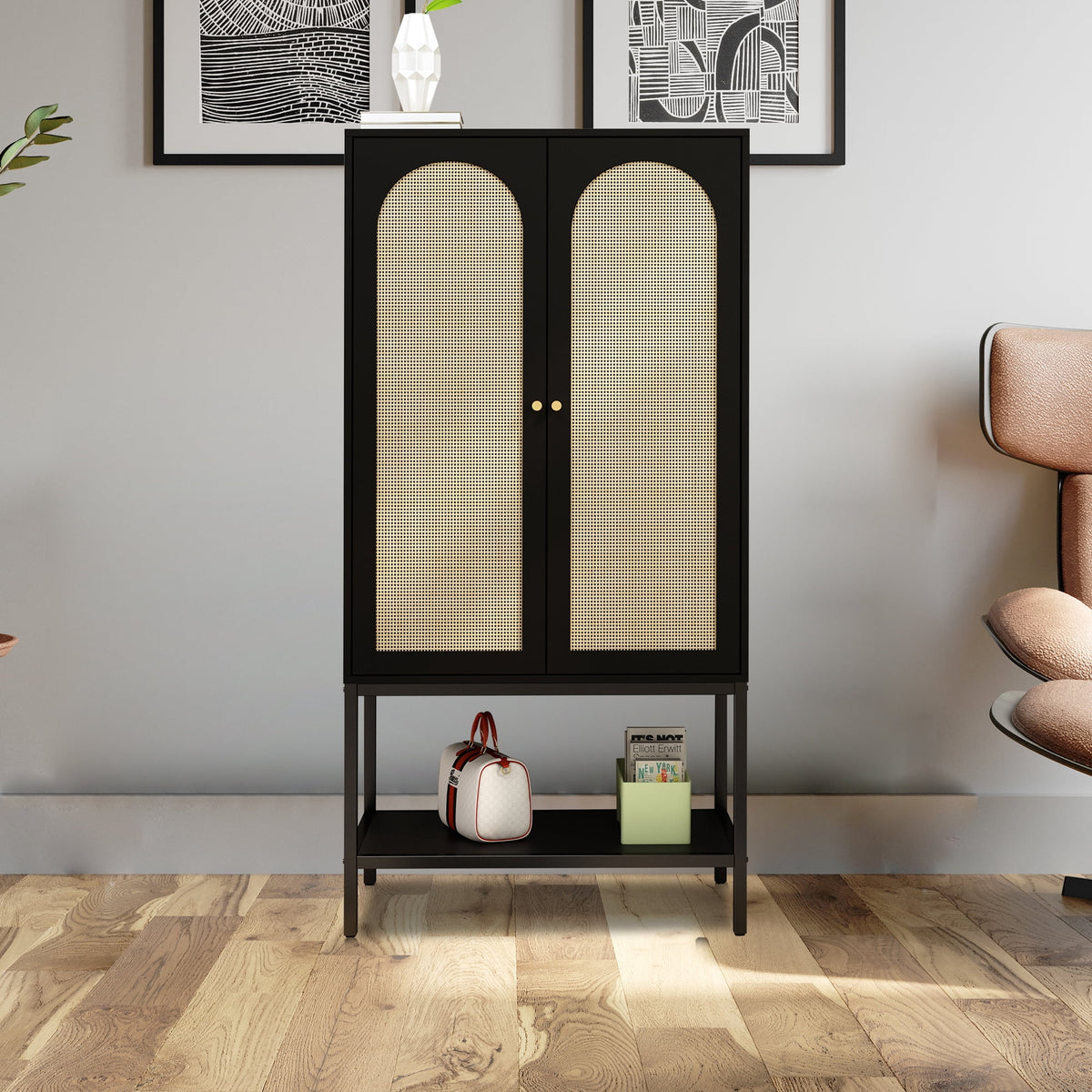 Rattan Freestanding Wardrobe Cabinet with Storage Cubes & Hanging Rod R28978