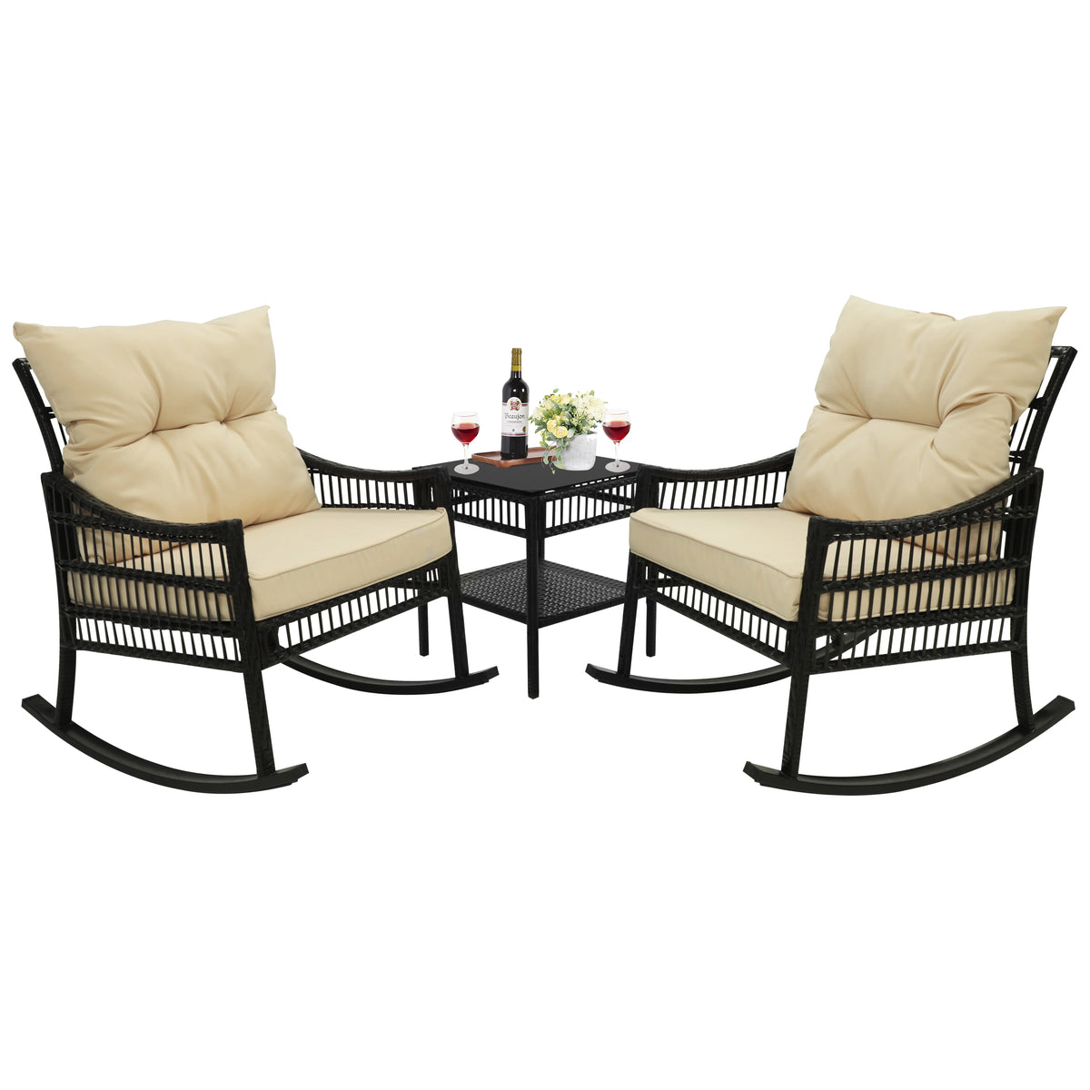 3-Piece Wicker Outdoor Rocking Chair Bistro Set with Table & Cushions N148710