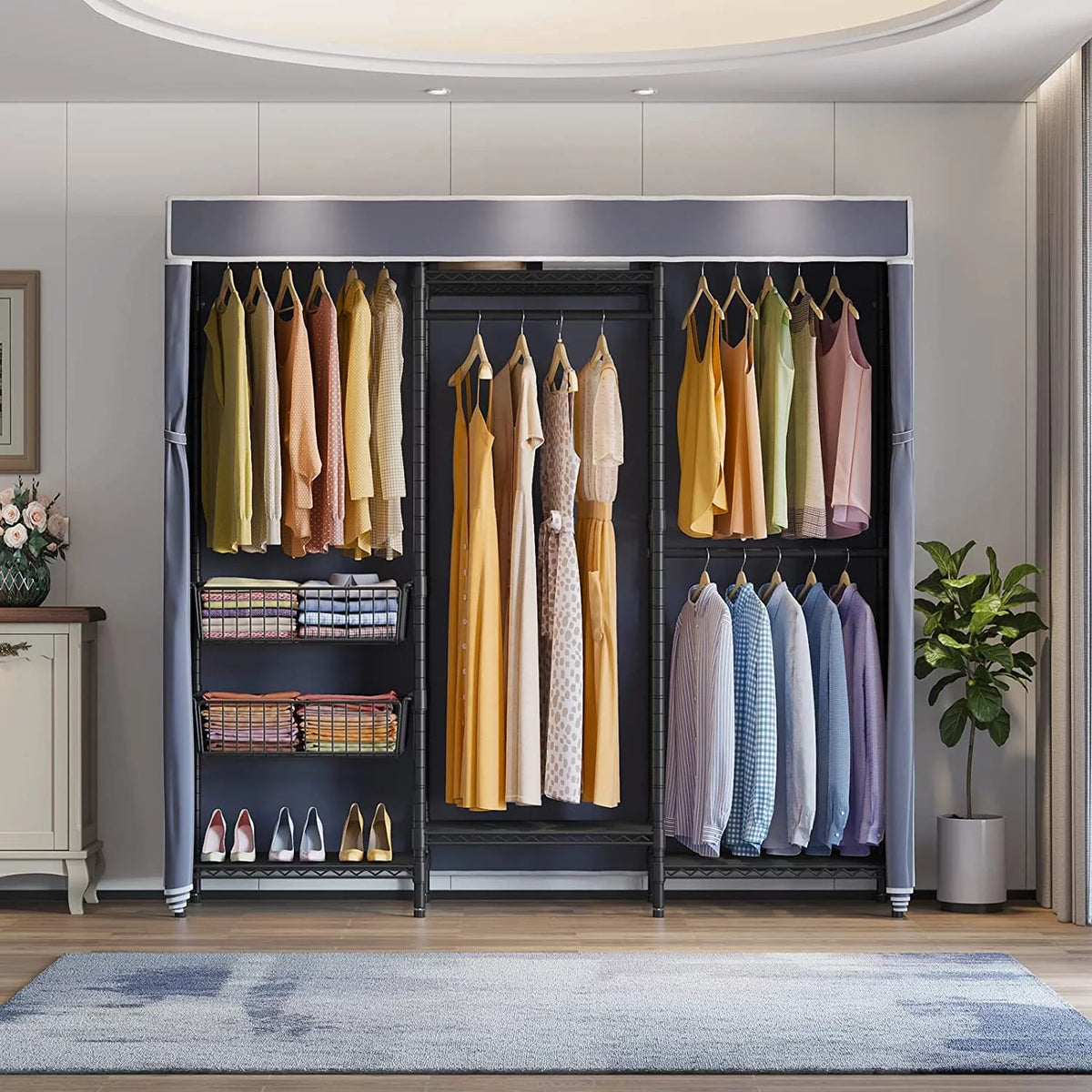 Black Covered Clothes Rack Portable Wardrobe with Grey Oxford Fabric Cover Q77277