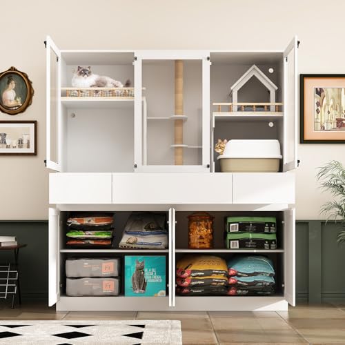 White Cat Litter Box Enclosure with Scratch Post, Stairs, Storage Drawers, Shelves, Sisal Doors E771