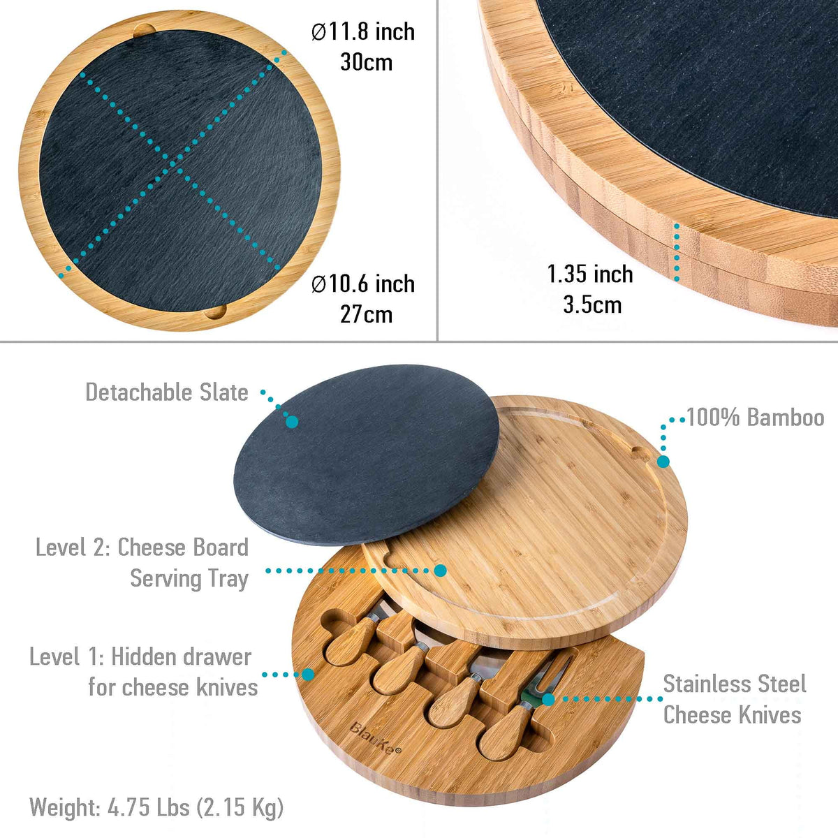 Bamboo Cheese Board with Knife Set and Slate O8646