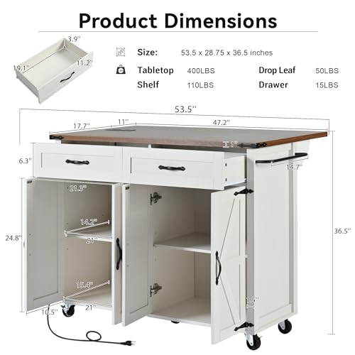 Rolling Kitchen Island with Power Outlet and Drop Leaf K68082