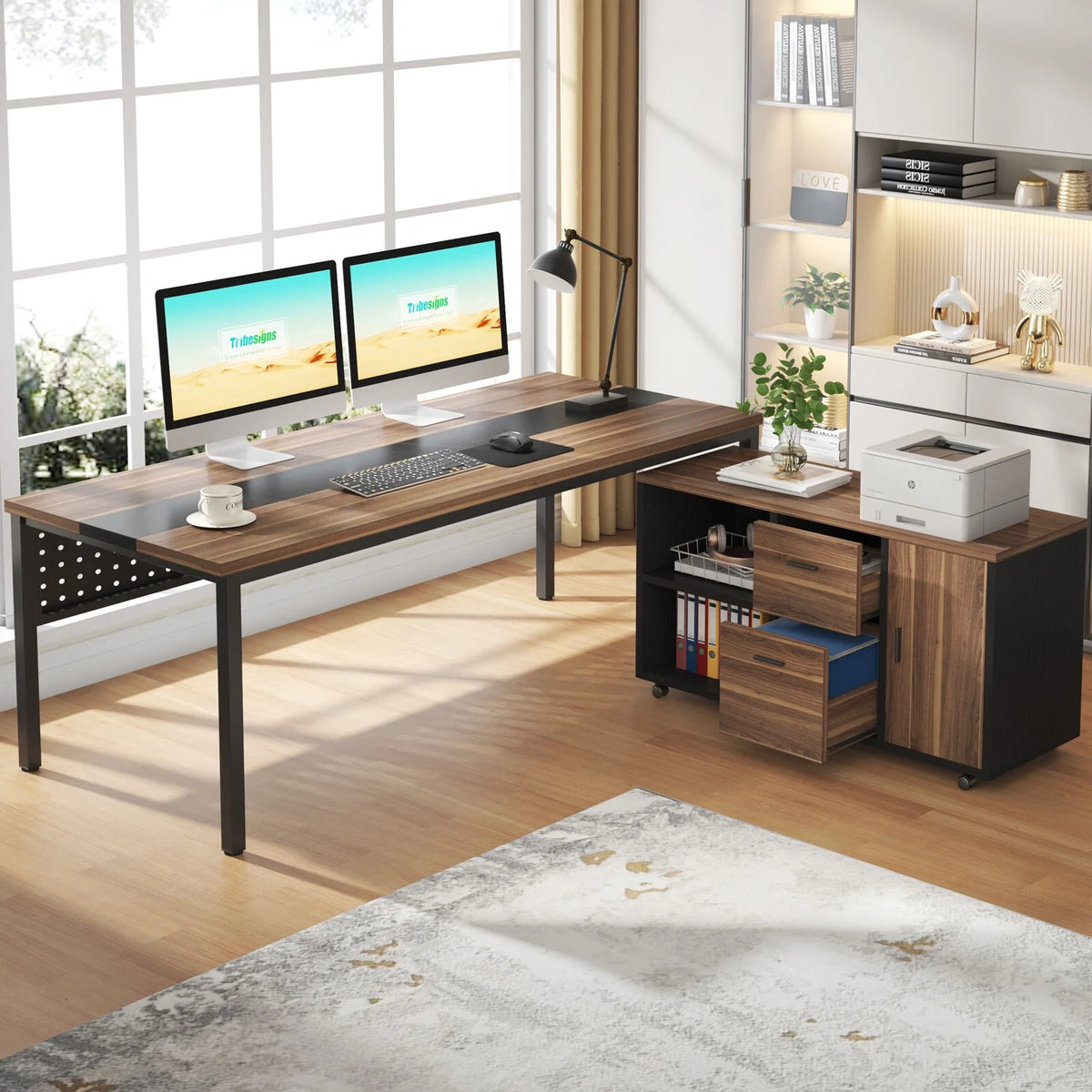 70.8" L Shaped Computer Desk with File Cabinet I4558