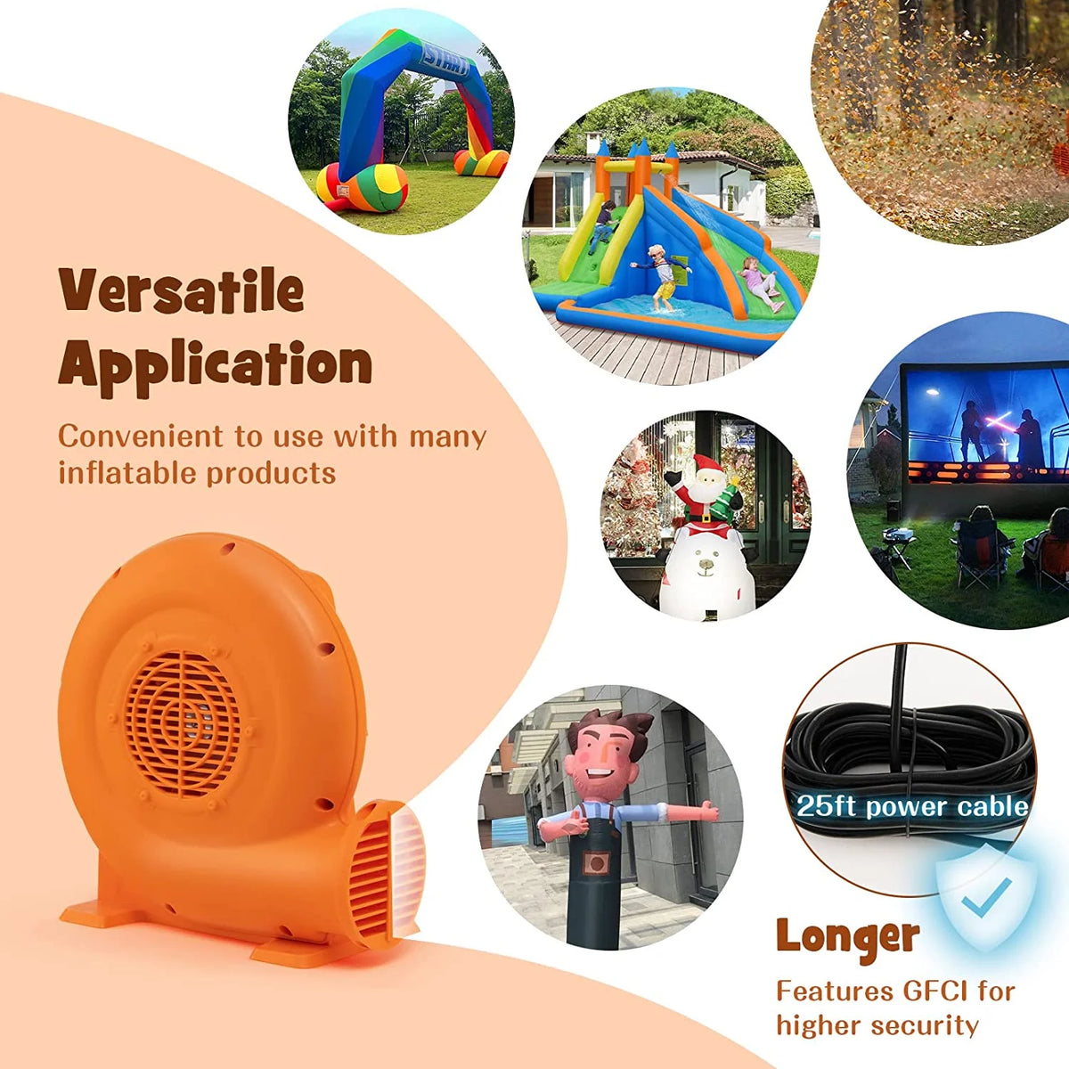 380W 0.5HP Air Blower with 25 FT SJTW Wire, IPX4, GFCI Plug W961
