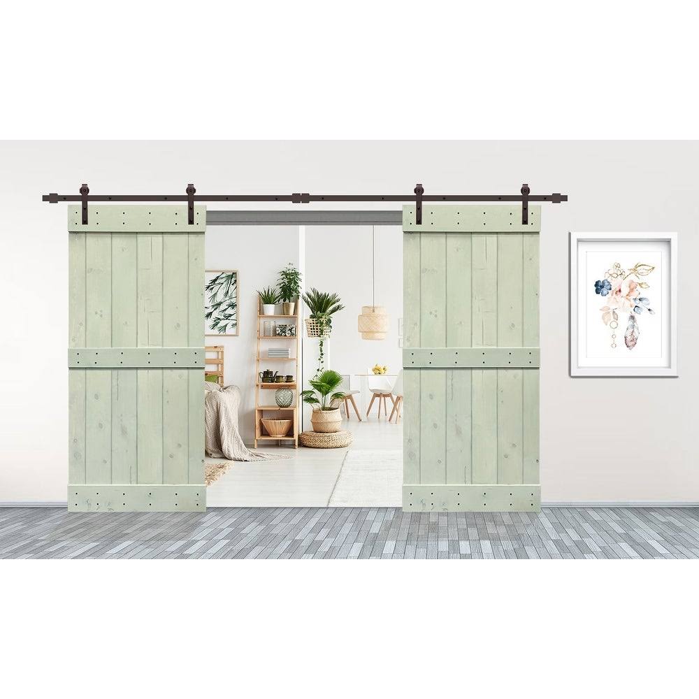 Sage Green Stained Solid Pine Wood Interior Double Sliding Barn Door with Hardware Kit W148531