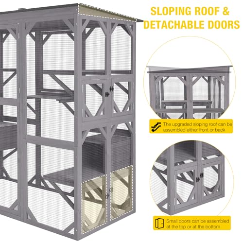 Cat House Outdoor Catio Kitty Enclosure with Wooden Cat Cage Condo Indoor Playpen with Platforms, 70 Inch H5237