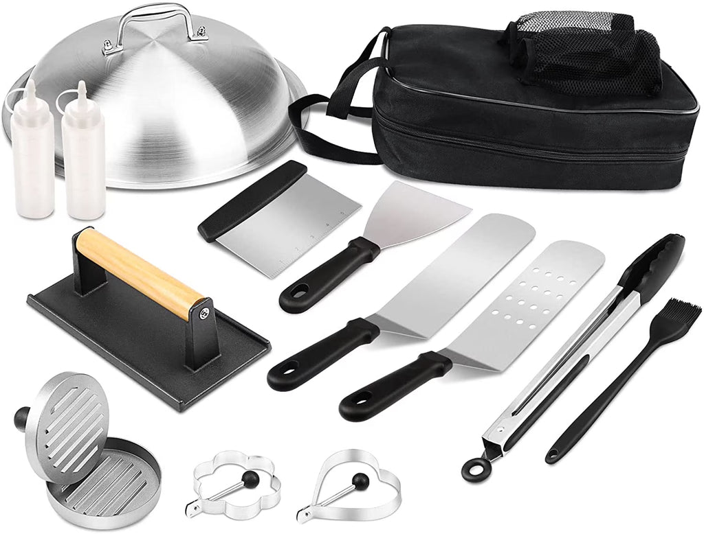 Griddle Tool Set Flat Top Grill Accessories Kit with 304 Melting Dome Lid, Spatulas, Scraper, Egg Rings, Burger Press Carrying Bag & Squirt Bottles G350