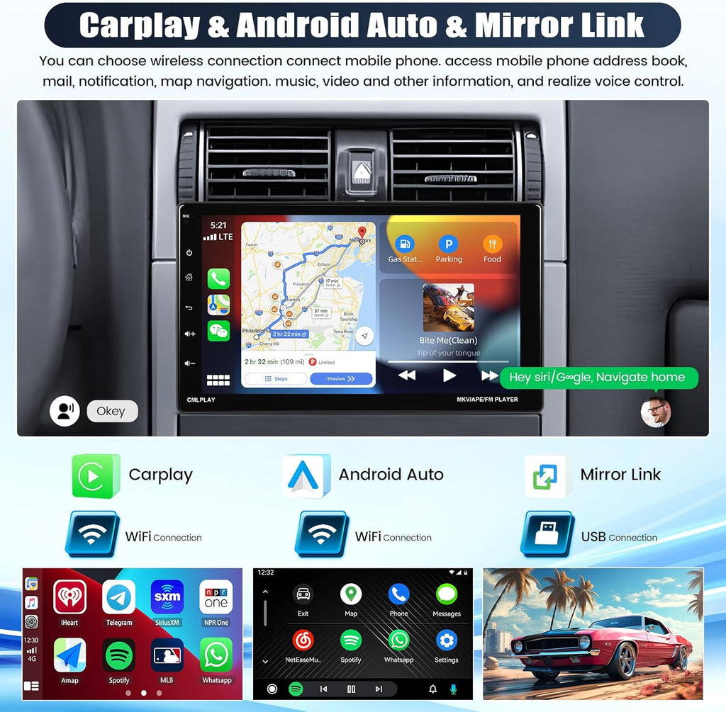 9 Inch Rotatable Touch Screen Single Din Car Stereo with Wireless Apple Carplay Android Auto Bluetooth Backup Camera N837398