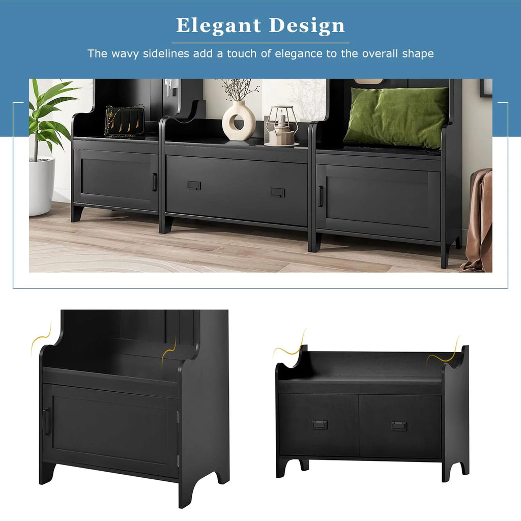 Black Hall Tree with Bench and Shoe Storage V1101