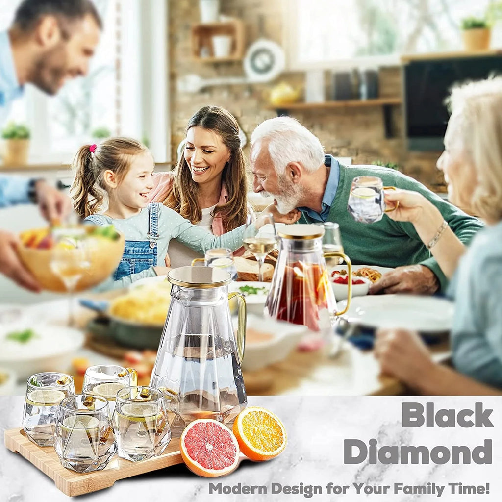 Black Diamond Glass Pitcher with 4 Cups, 1 Tray B2697