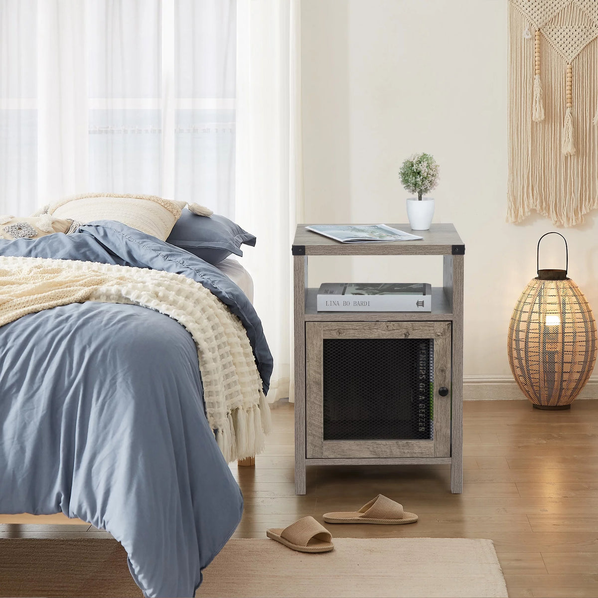 Farmhouse Nightstand with Power Outlets, USB Ports, Cabinet, Storage Shelf N59726