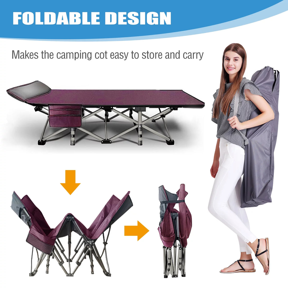 Folding Camping Cot with Cotton Pad & Carry Bag J353