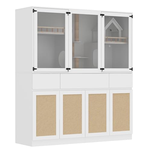 White Cat Litter Box Enclosure with Scratch Post, Stairs, Storage Drawers, Shelves, Sisal Doors E771