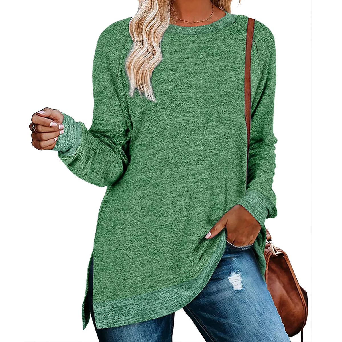 Green Long Sleeve Color Block Tunic Tops S313578