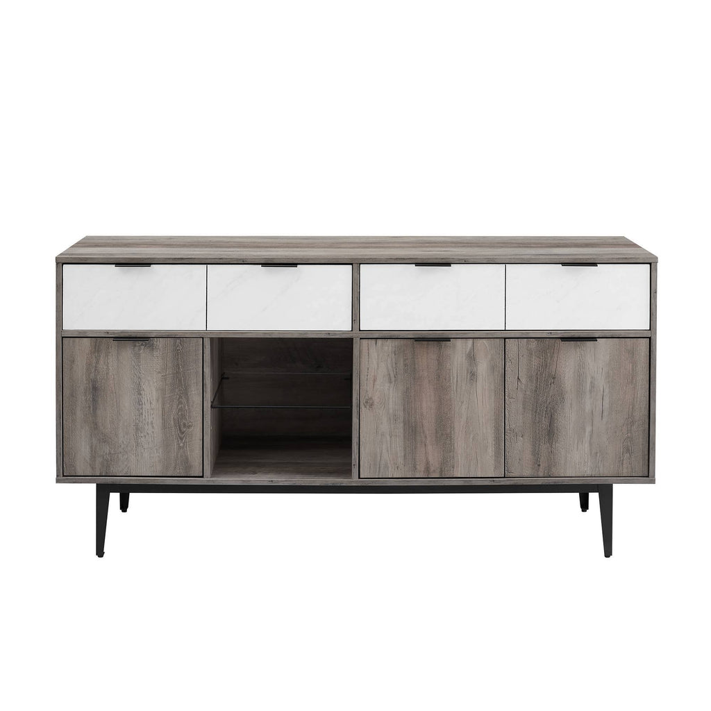 60x22 Asymmetrical 2 Drawer Sideboard Faux White Marble Gray Wash J789603