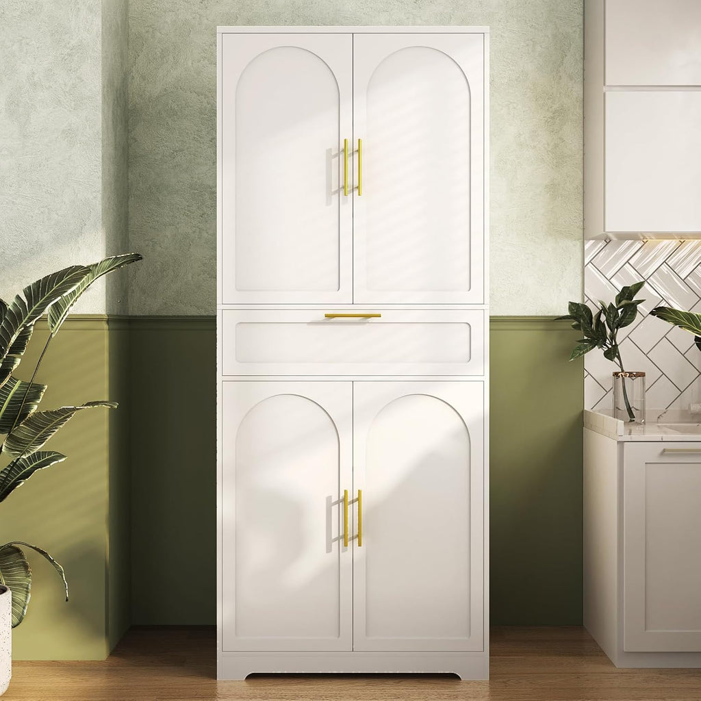 White Tall Kitchen Pantry Storage Cabinet with Adjustable Shelves, 1 Drawer, 4 Doors U827