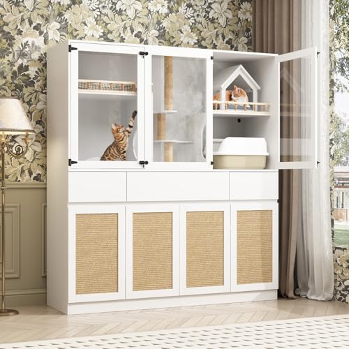 White Cat Litter Box Enclosure with Scratch Post, Stairs, Storage Drawers, Shelves, Sisal Doors E771