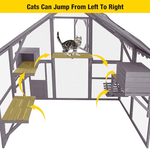 Cat House Outdoor Catio Kitty Enclosure with Wooden Cat Cage Condo Indoor Playpen with Platforms, 70 Inch H5237