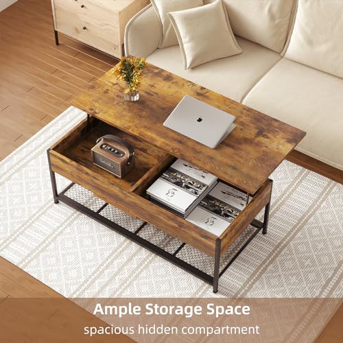 Rustic Brown Wooden Lift Top Coffee Table with Hidden Storage D70301