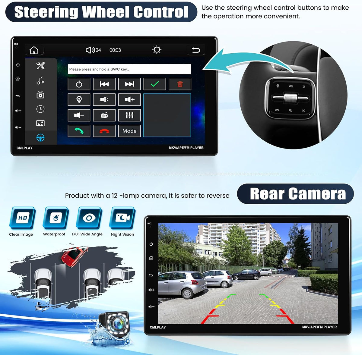 9 Inch Rotatable Touch Screen Single Din Car Stereo with Wireless Apple Carplay Android Auto Bluetooth Backup Camera N837398