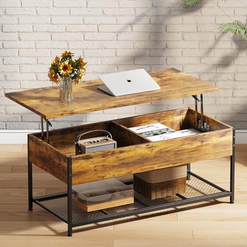 Rustic Brown Wooden Lift Top Coffee Table with Hidden Storage D70301