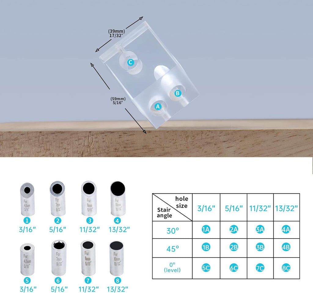 Drill Guide for Cable Railing, Portable Multi-Angle Jig, Hole Size from 3/16" to 3/8" W8778