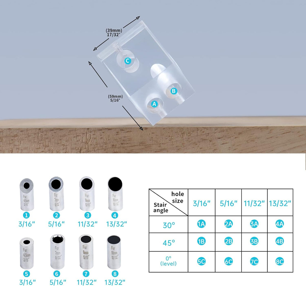 Drill Guide for Cable Railing, Portable Multi-Angle Jig, Hole Size from 3/16" to 3/8" W8778