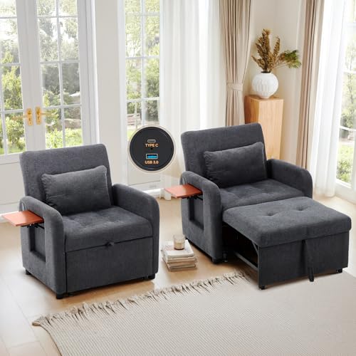 Lightgrey Fabric Convertible Sleeper Sofa Bed with USB Port B58477