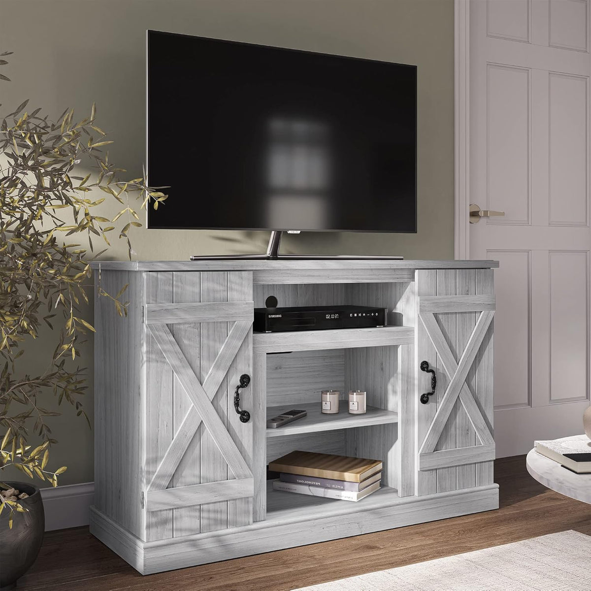 Industrial Electric Fireplace TV Stand with Open Storage Shelves J233